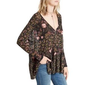 Free People Isabelle Floral Mesh Draped Tunic Top in Black Combo S